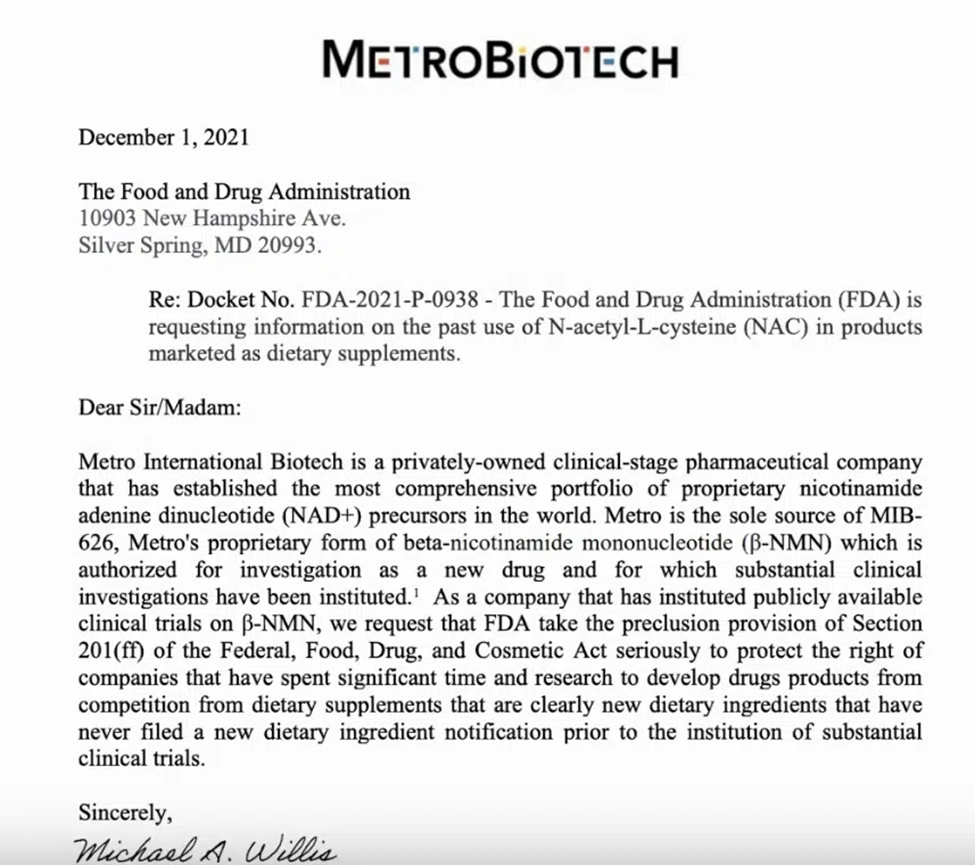 Letter from MetroBiotech to FDA