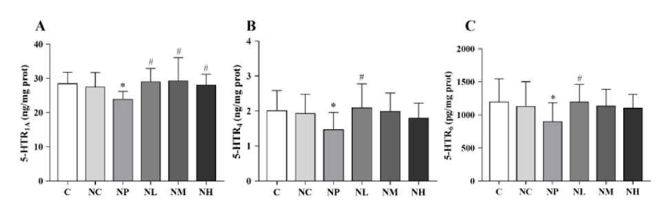 Effects of NMN Treatment on Serotonin Receptor Levels: Comparison between healthy rats (C) and healthy rats given NMN (NC) shows normal serotonin receptor levels. However, NP exposure (NP) resulted in decreased levels of all three serotonin receptor types, 5-HTR1A, 5-HTR4, and 5-HTR6. Low-dose NMN treatment (NL) restored serotonin receptor levels for all three types, while medium-dose NMN (NM) and high-dose NMN (NH) only restored levels for 5-HTR1A.