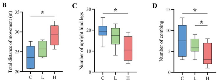 Effect of Probiotics on Motor Abilities and Anxiety in Aging Mice: High Dose (Red - H) shows Increased Total Movement (B), Decreased Upright Hind Legs (C), and Decreased Combing Times (D), compared to Untreated (Blue - C) and Low Dose (Green - L) Mice