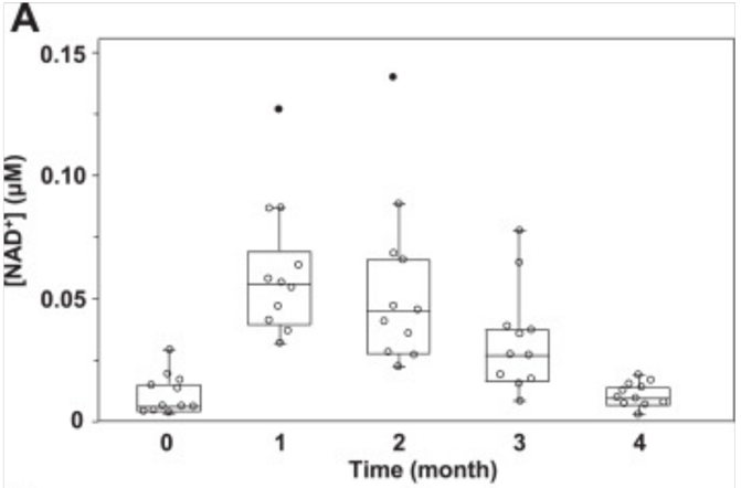Effect of NMN on Blood Plasma NAD+ Concentrations: Substantial Increase at One and Two Months, Tapering at Three Months, Return to Baseline at Four Months