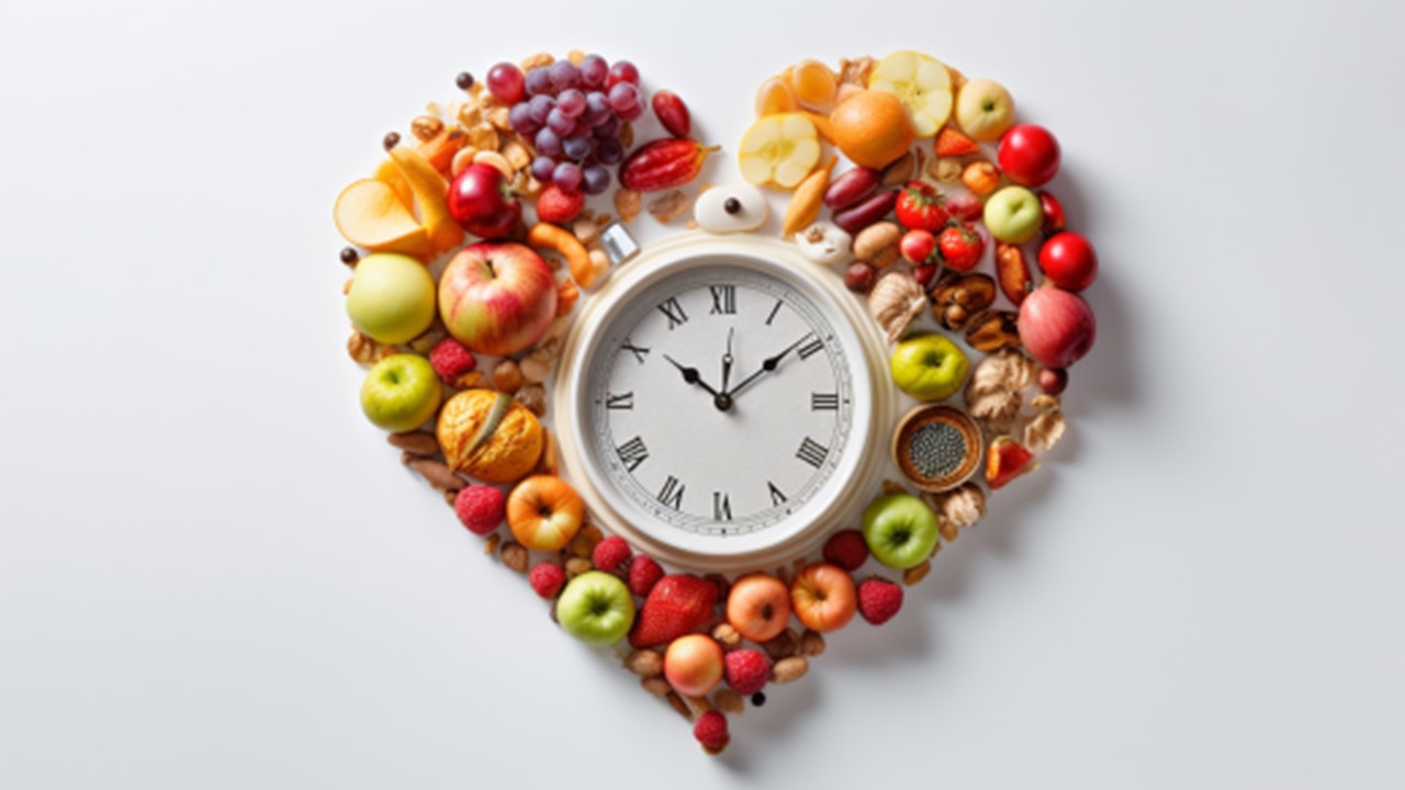 A clock surrounded by healthy foods in the shape of a clock.