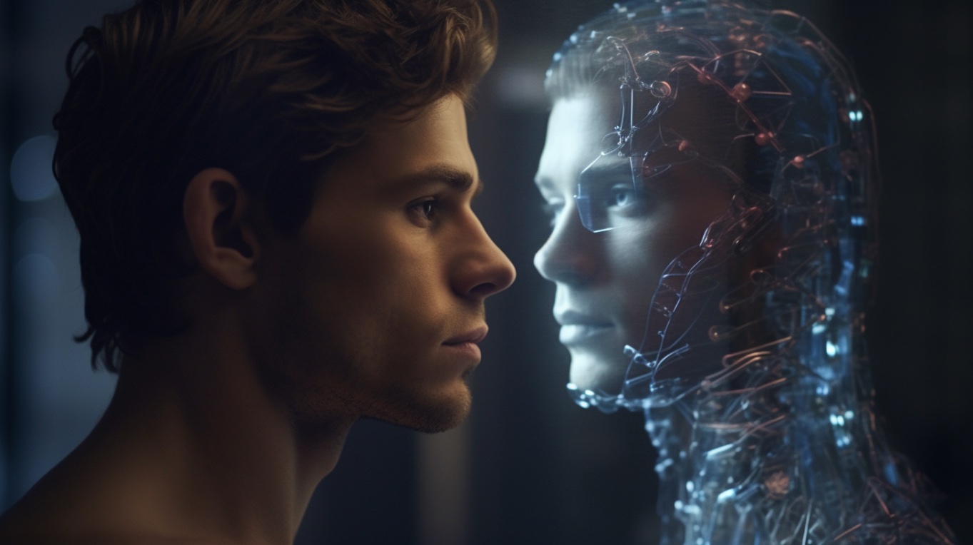 A guy looking into the eyes of his digital twin.