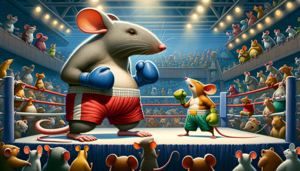 A large mouse in a boxing match with a much smaller mouse. 