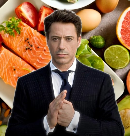 Robert Downey Jr.'s diet consists of fish, eggs, leafy greens, quinoa, nuts, fruits, and avocados.