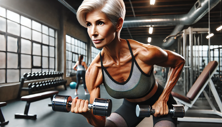 An image of an aged woman undergoing an intense resistance training workout