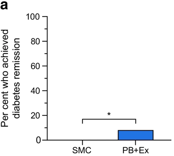 Eight percent of diabetes patients who underwent a plant-based dietary intervention with exercise achieved diabetes remission.