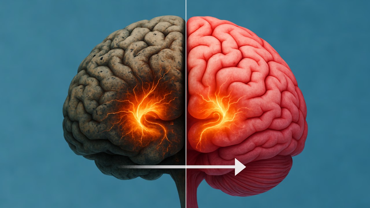 A split-brain graphic showing an aging hippocampus on one side and a clearer, healthier one on the other. Reason: Immediately conveys reversal of aging without being sensational.