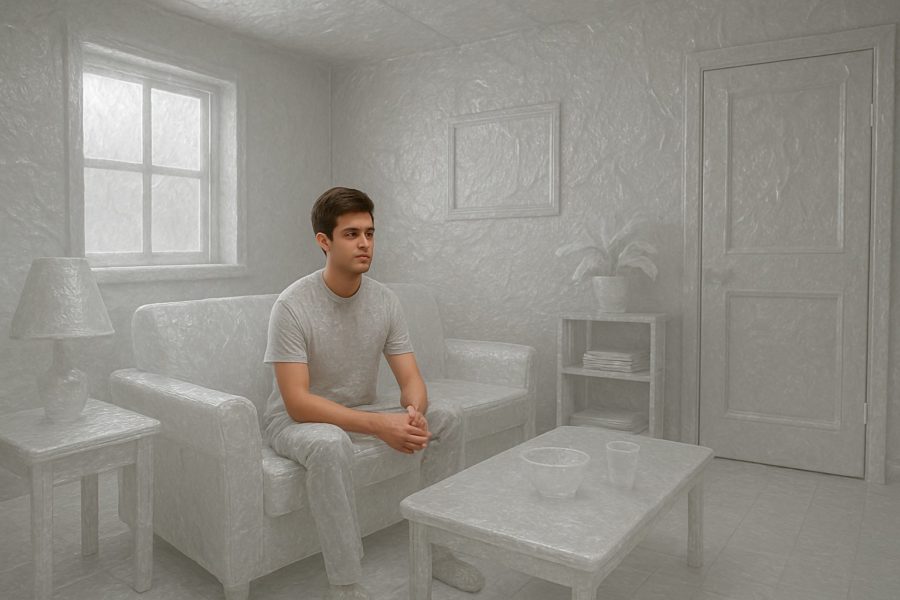 A guy sitting in his living but everything is made of plastic.