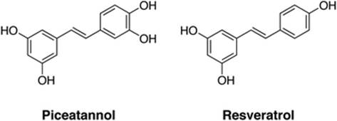The chemical structures of piceatannol (on the left) and resveratrol (on the right)