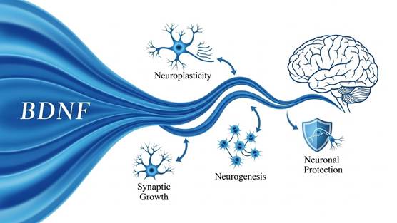 BDNF promotes neuroplasticity, the growth of connections between neurons (synaptic growth), and confers neuronal protection.