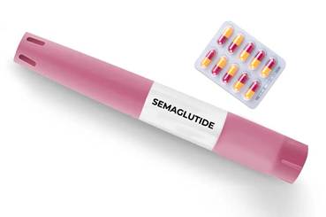 Semaglutide is often taken by injection (as with the pink syringe) or in oral capsule form (such as the capsules pictured).